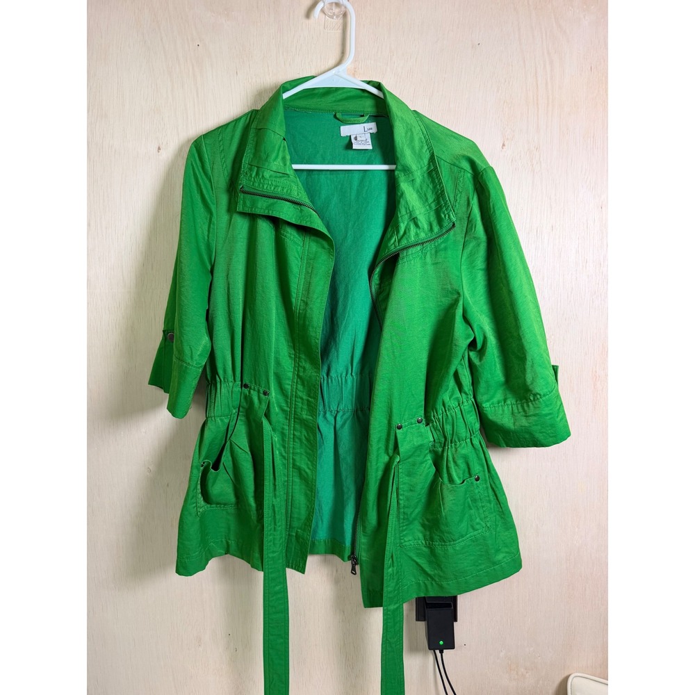 LUI Utility Jacket Women Large‎ Green Excellent Cinched Waist Zip Up 3/4 Sleeve
